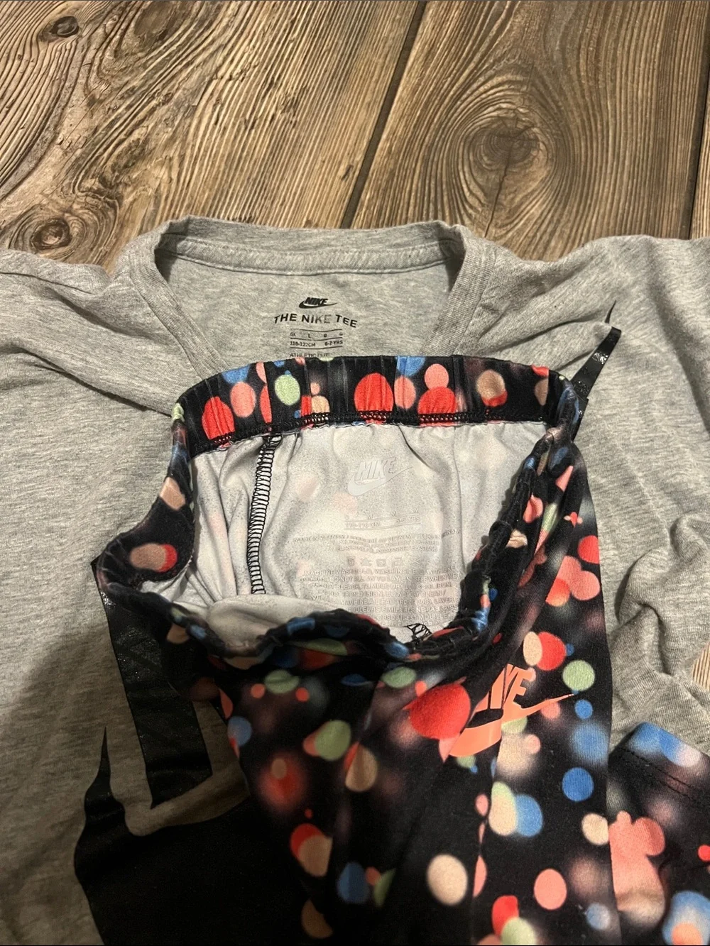 Girls Nike Grey Logo Long Sleeve Top with Black Multicolor Bubble Leggings - Picture 2 of 2